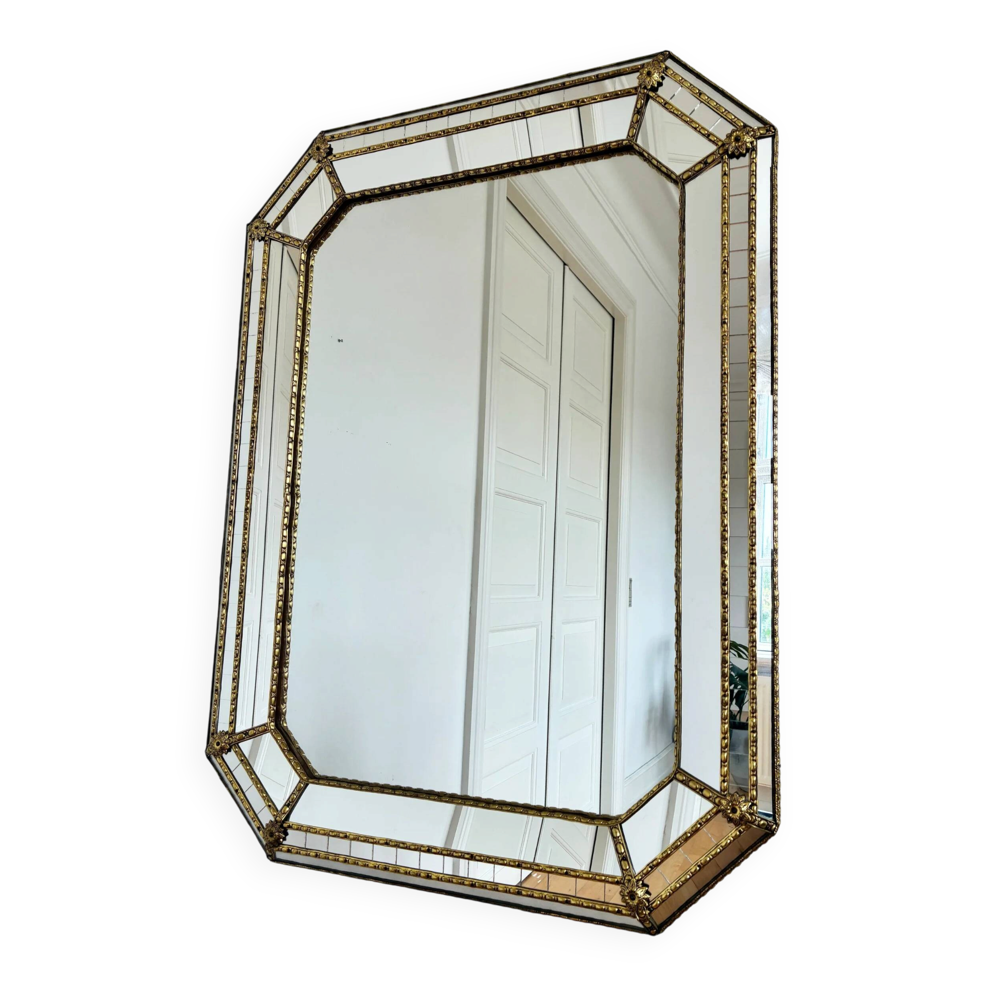 Vintage Spanish Venetian-style wall mirror, octagonal brass, 1980s Hollywood Regency