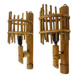 Pair of rattan bamboo lantern wall lights. 1950s-1960s