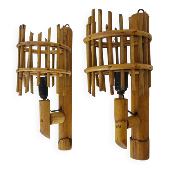 Pair of rattan bamboo lantern wall lights. 1950s-1960s