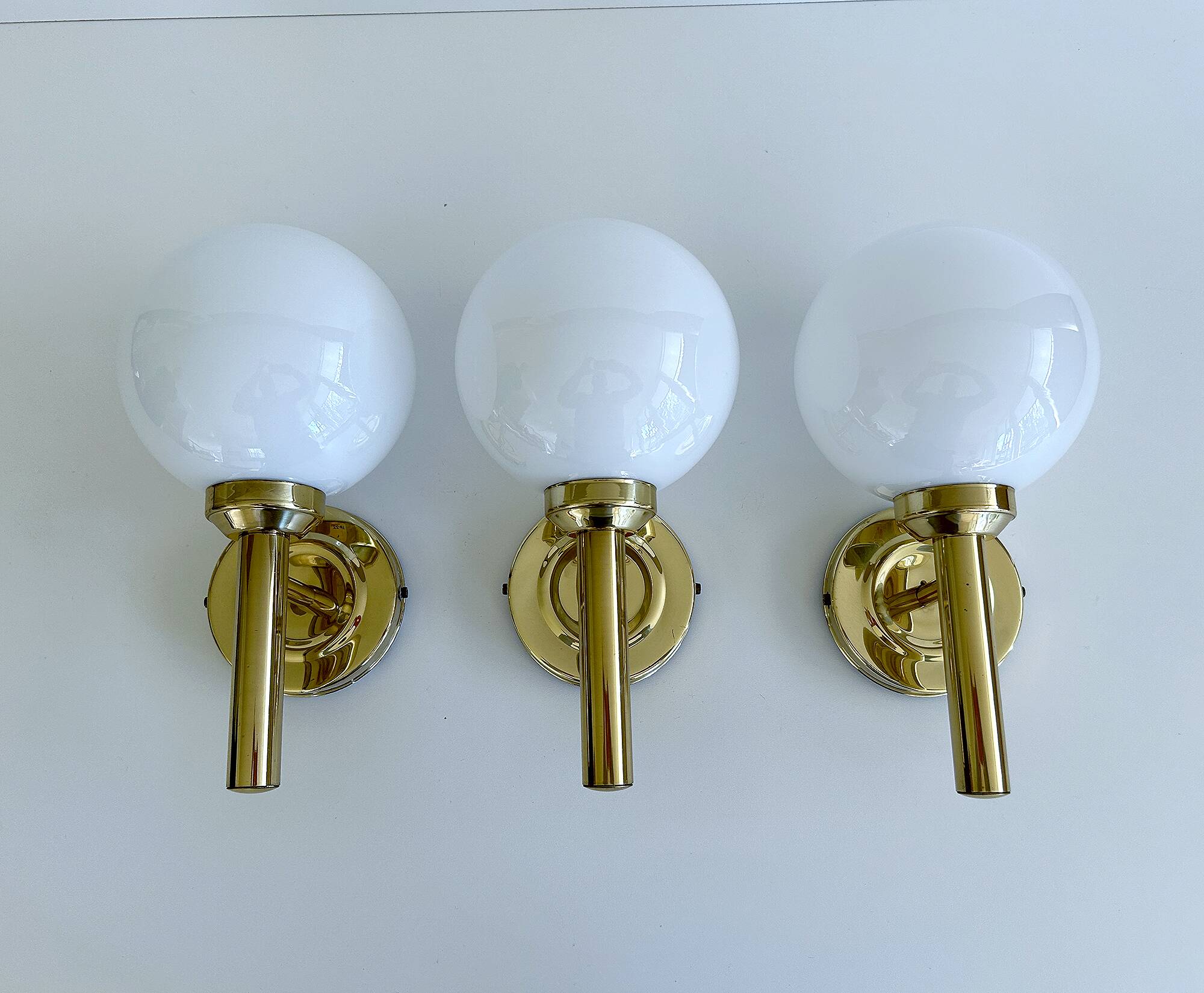 3 Vintage Scandinavian Glass and Brass Wall Lights