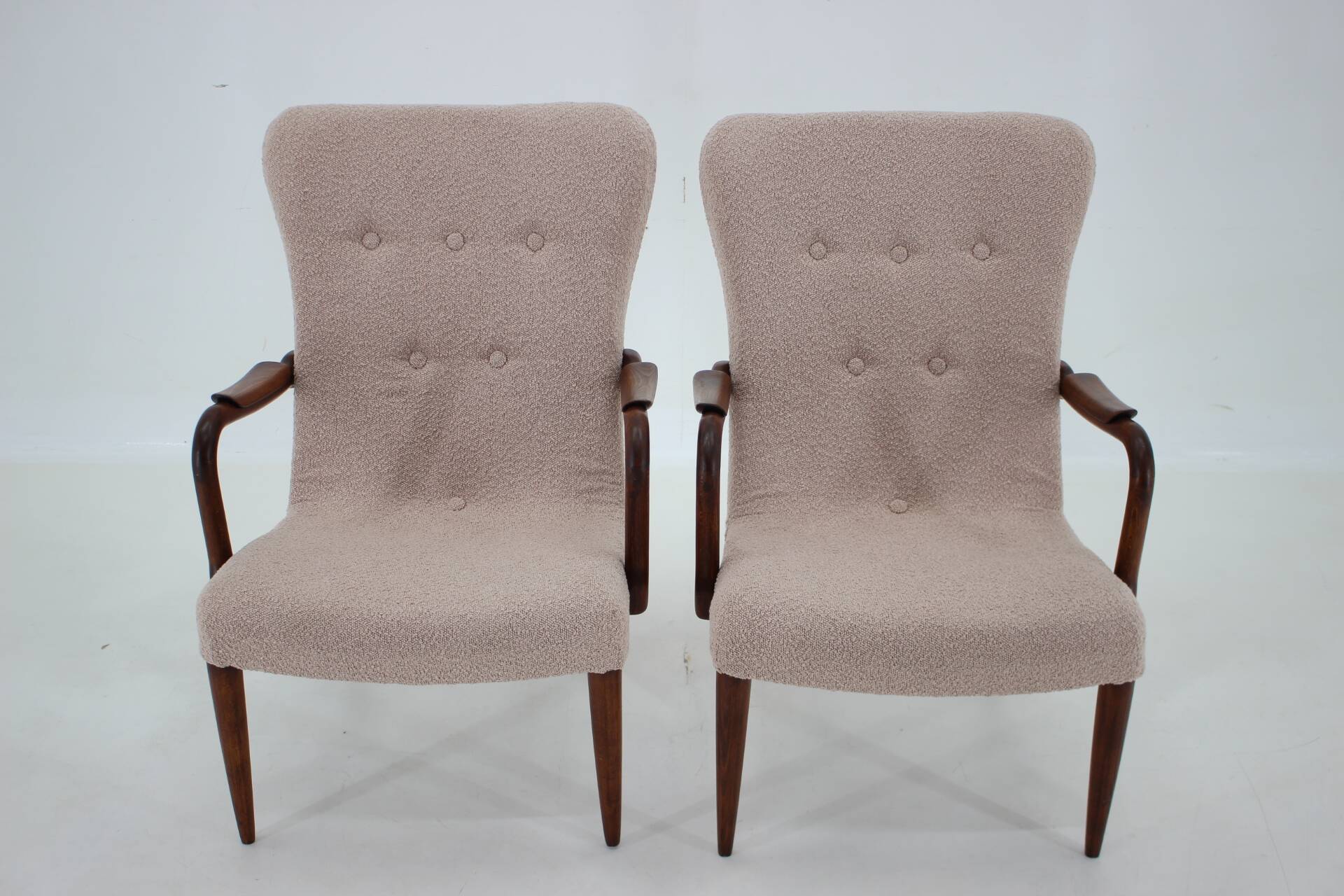 1960s pair of restored danish armchairs in boucle