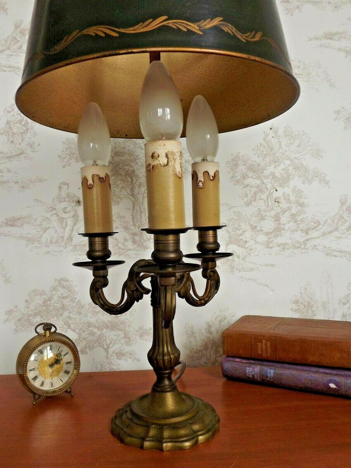 French empire style brass bouillotte table lamp green crackle effect shade