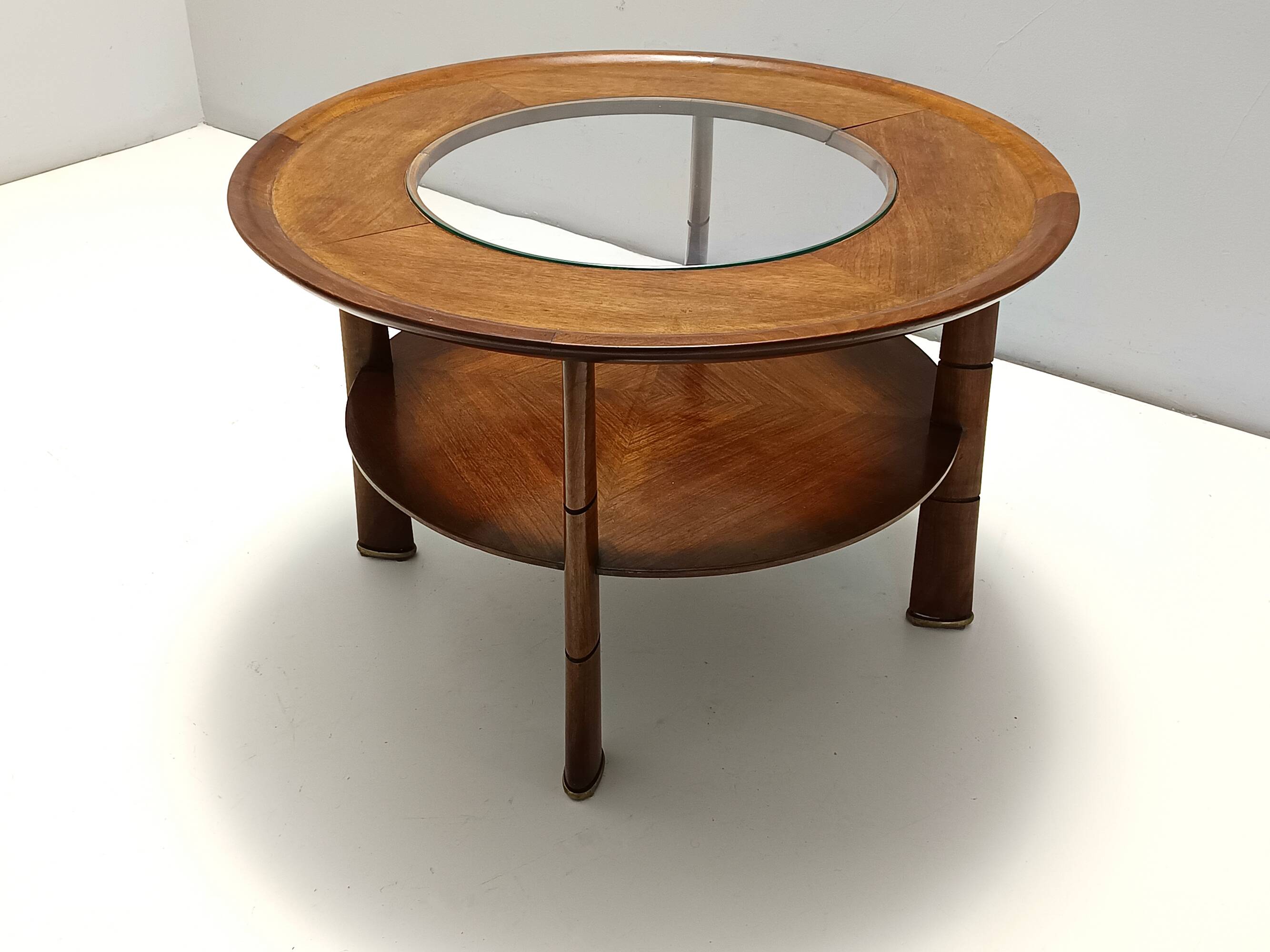 Round Solid Walnut and Crystal Coffee Table attr. to Paolo Buffa, Italy