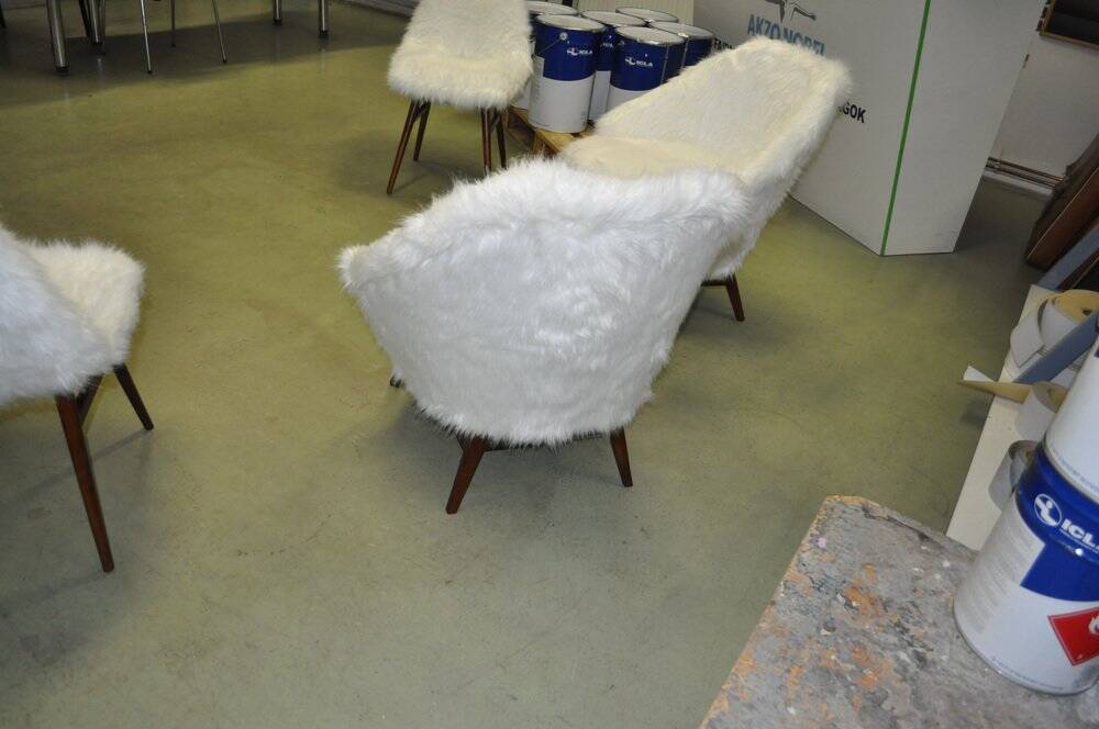 Pair of Mid-Century armchairs in white faux fur with beech legs.