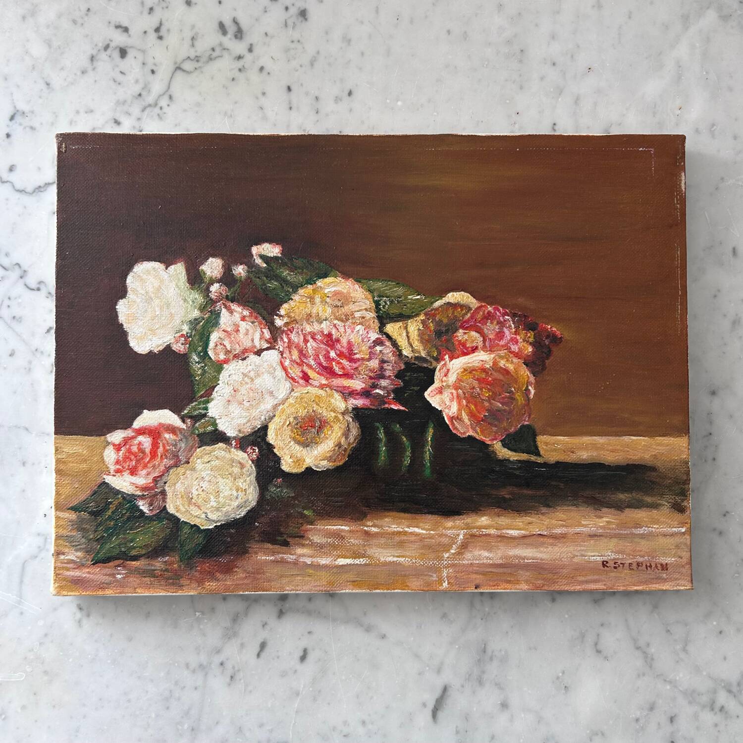 Tableau bouquet de roses anciennes signé R.Stephan