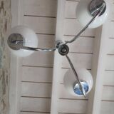 Old 3-light globe opaline stainless steel pendant/chandelier 1960/1970 space age vintage