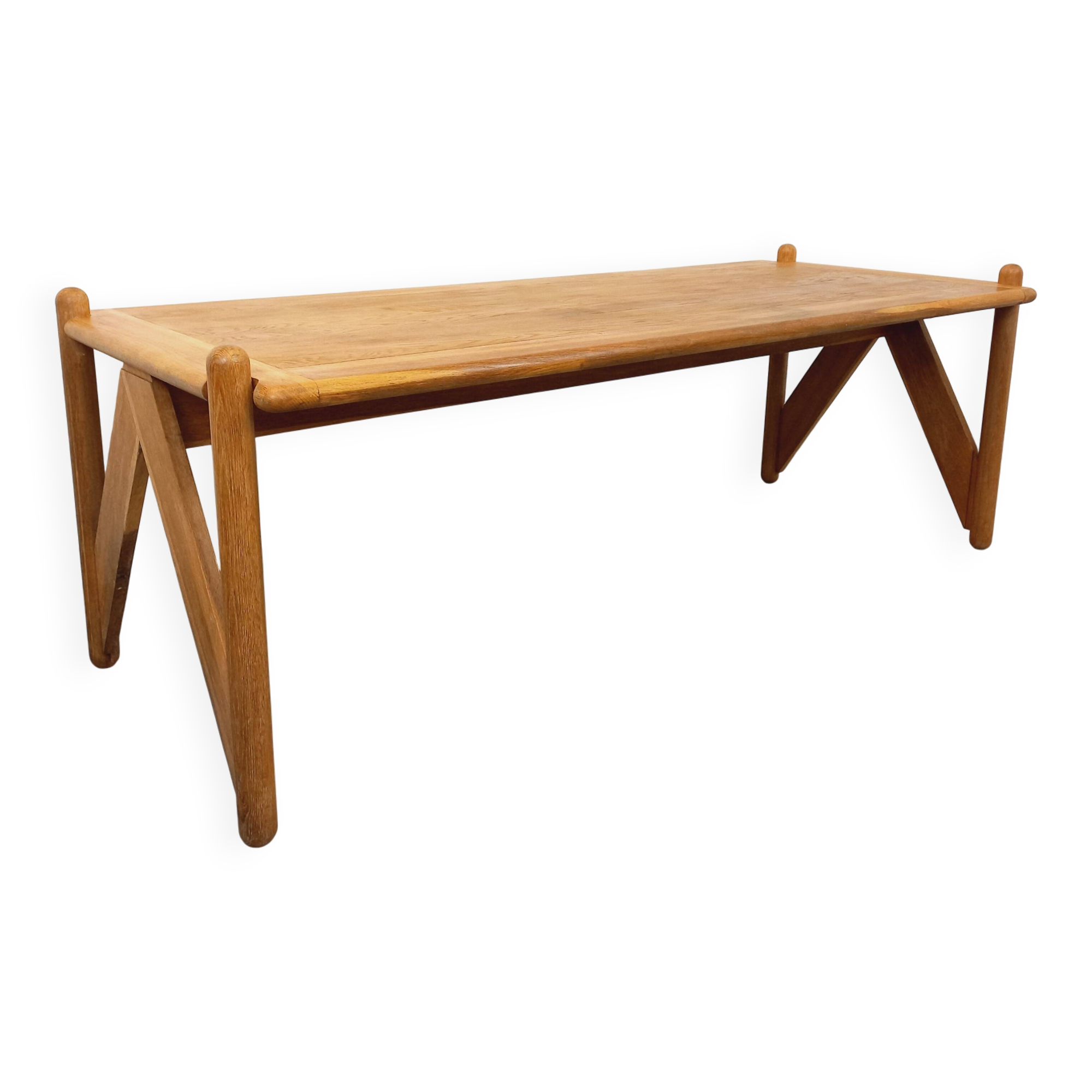 Large vintage brutalist rectangular table made of solid oak wood.