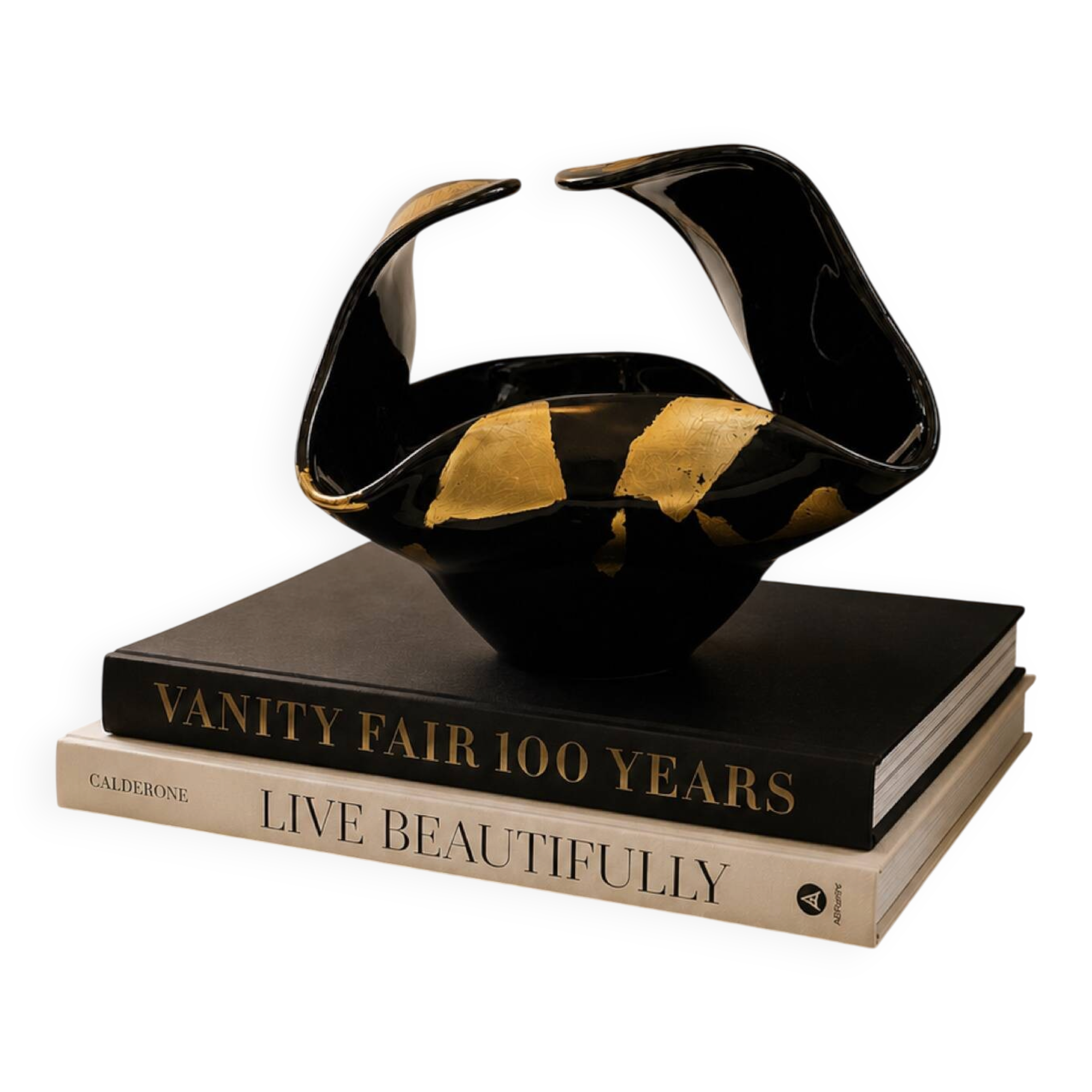 Black Murano-Style Art Glass Centerpiece Bowl with Gold Leaf Accents
