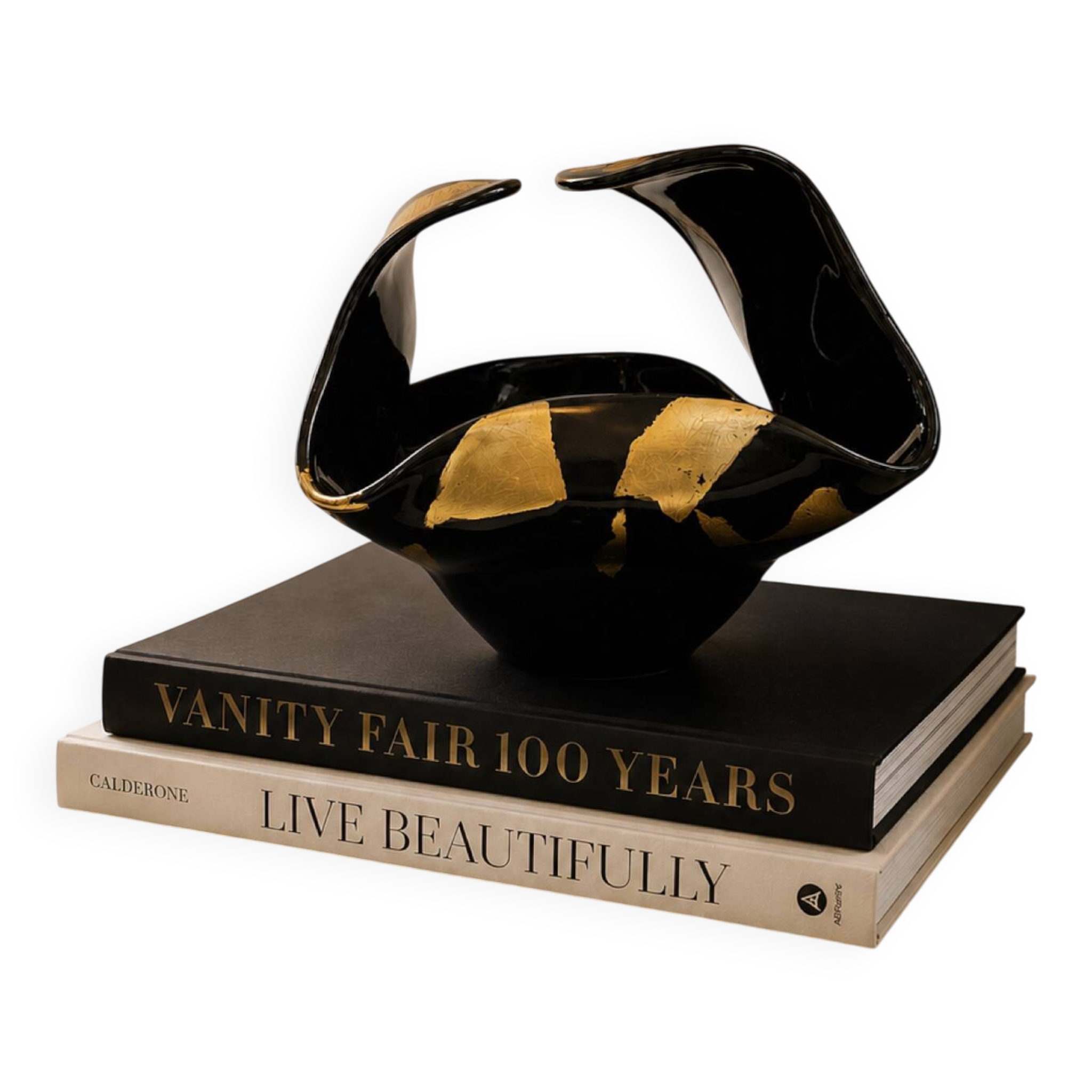 Black Murano-Style Art Glass Centerpiece Bowl with Gold Leaf Accents