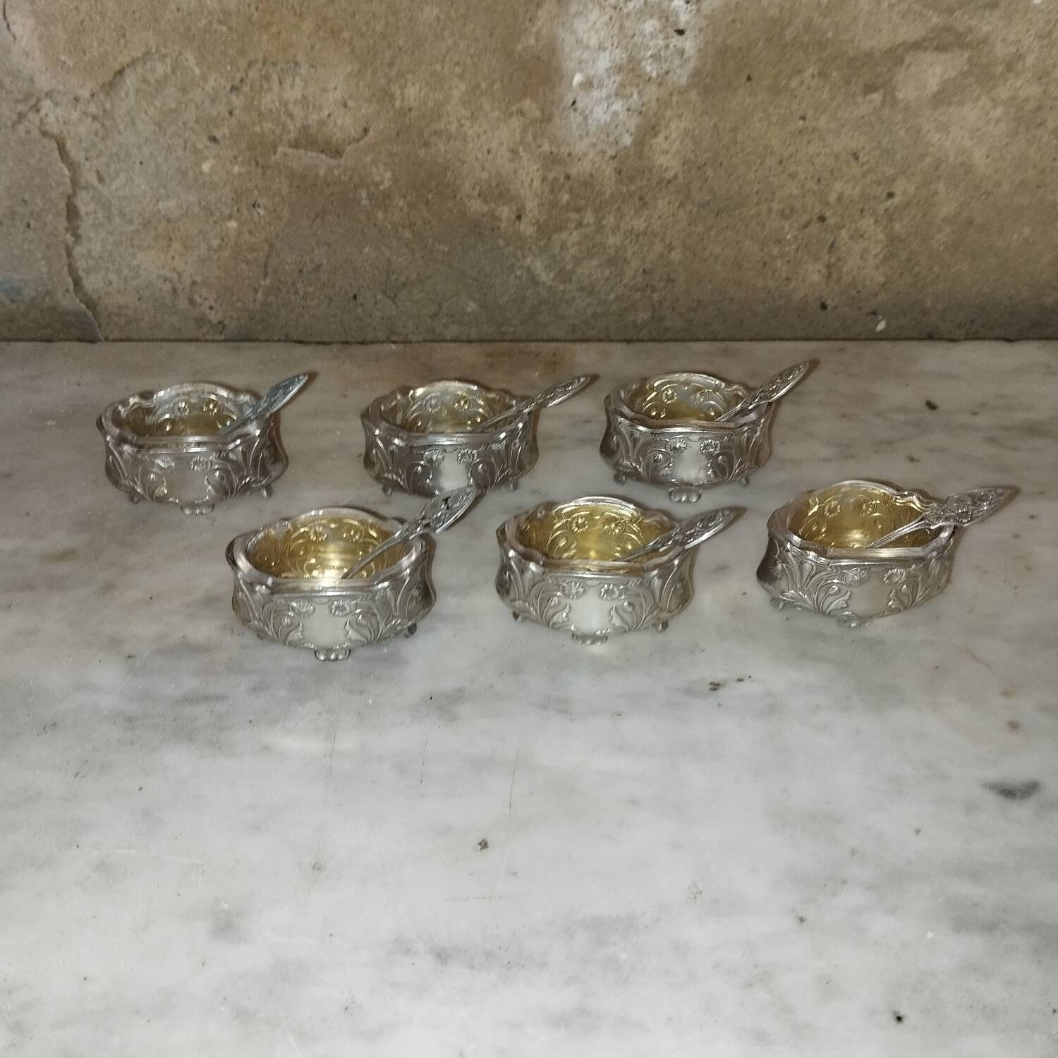 6 salt shakers and spoons in solid silver art nouveau