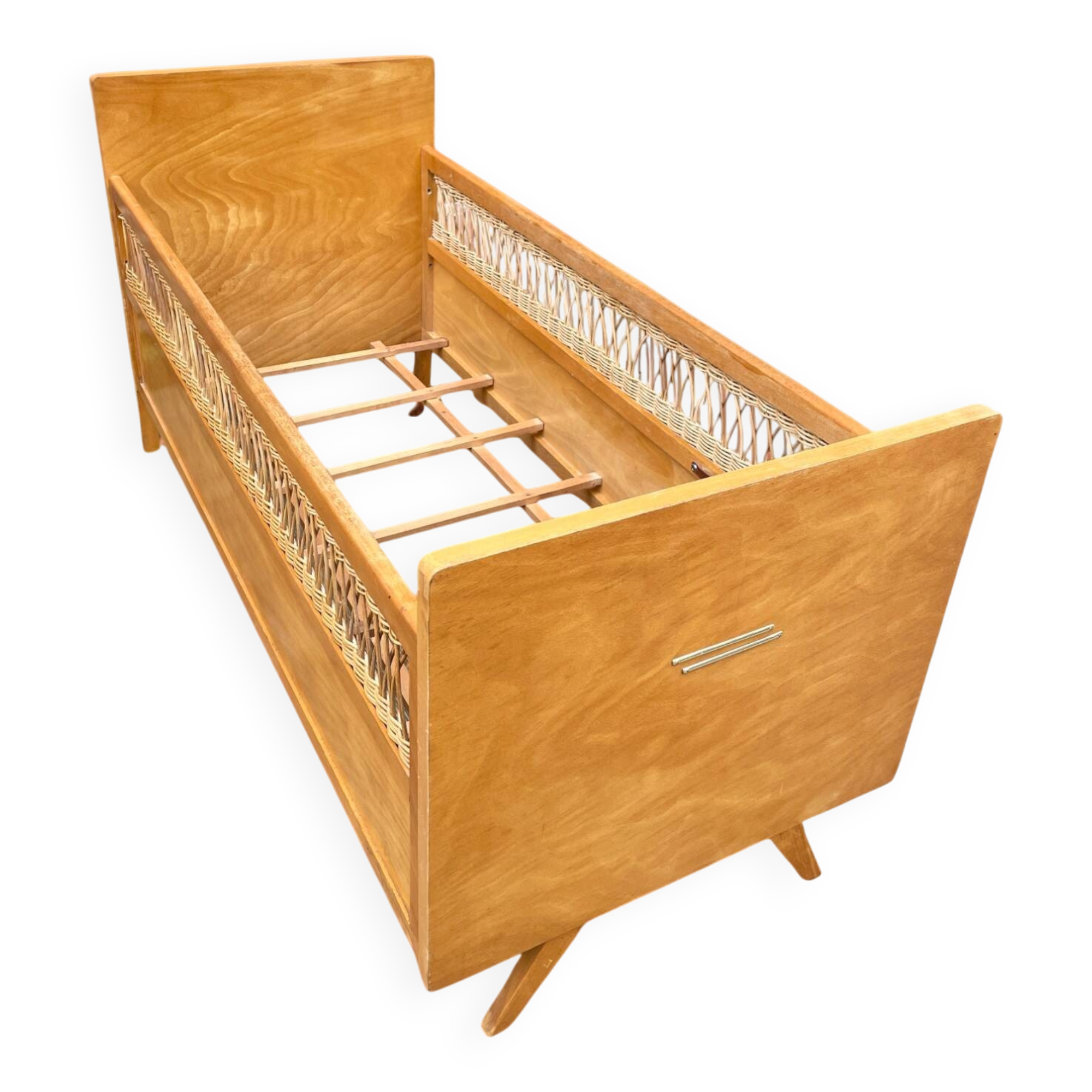 Vintage children's bed - rattan and wood - 1960s