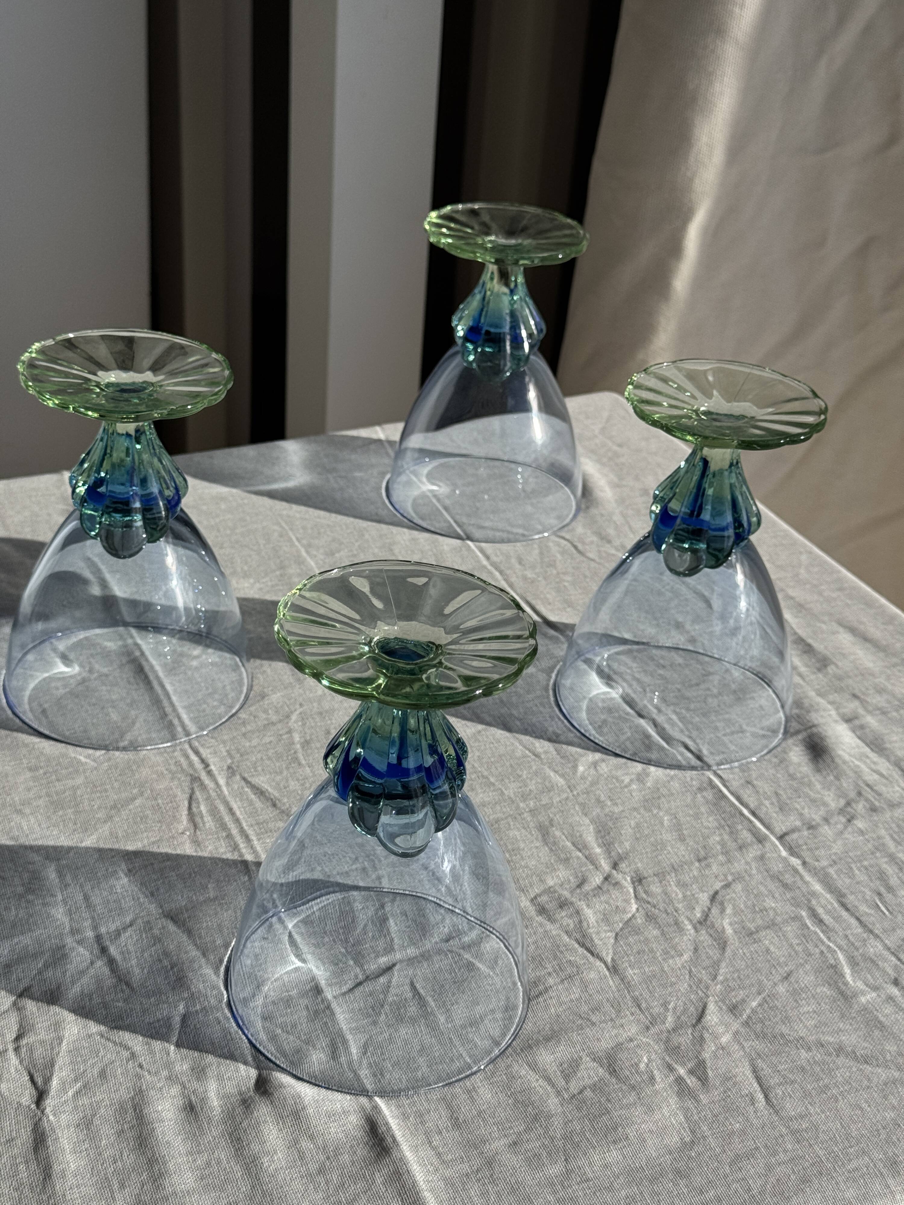Set of 4 large blue and green glasses H14 D10