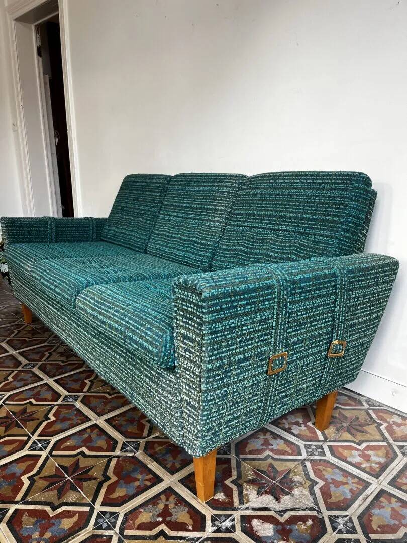Mid-century sofa, three-seater in turquoise shade
