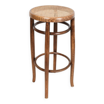 Old high bar stool, canework and turned wood, THONET style