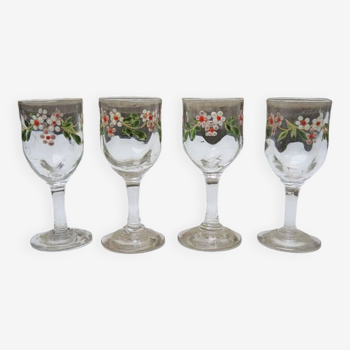 4 old glass digestive glasses art nouveau floral decor