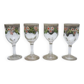 4 anciens verre à digestif en verre décor floral art nouveau