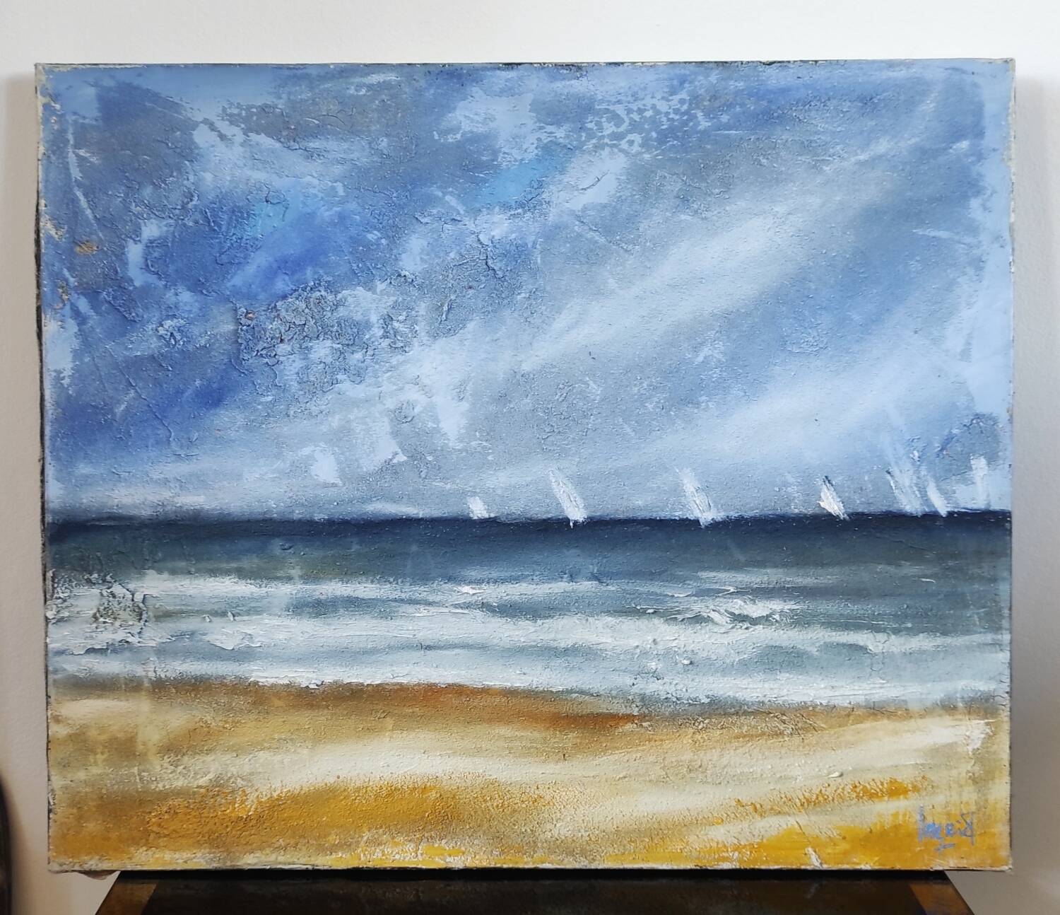 Vintage painting "Stormy Sky & Sailboats" – Signed canvas painting