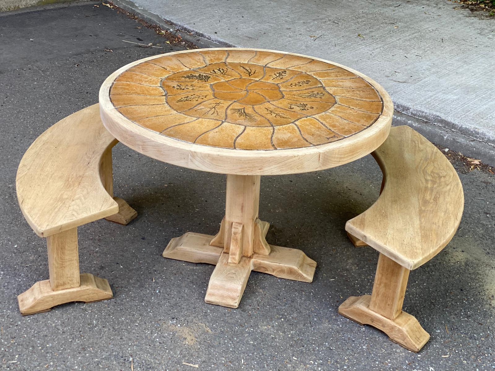 Pair of renovated Barrois-style curved benches in solid oak
