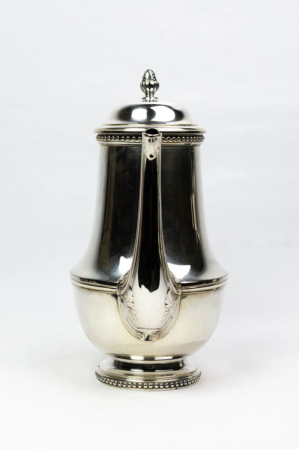 Silver-plated metal coffee pot Ercuis — decorated with bead friezes, ebony handle.
