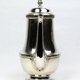 Silver-plated metal coffee pot Ercuis — decorated with bead friezes, ebony handle.