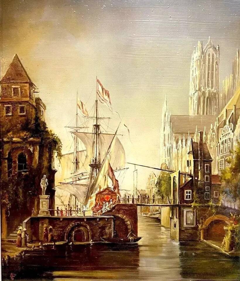 Flemish School of quality from the 19th century: Painting of a lively port scene