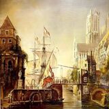 Flemish School of quality from the 19th century: Painting of a lively port scene