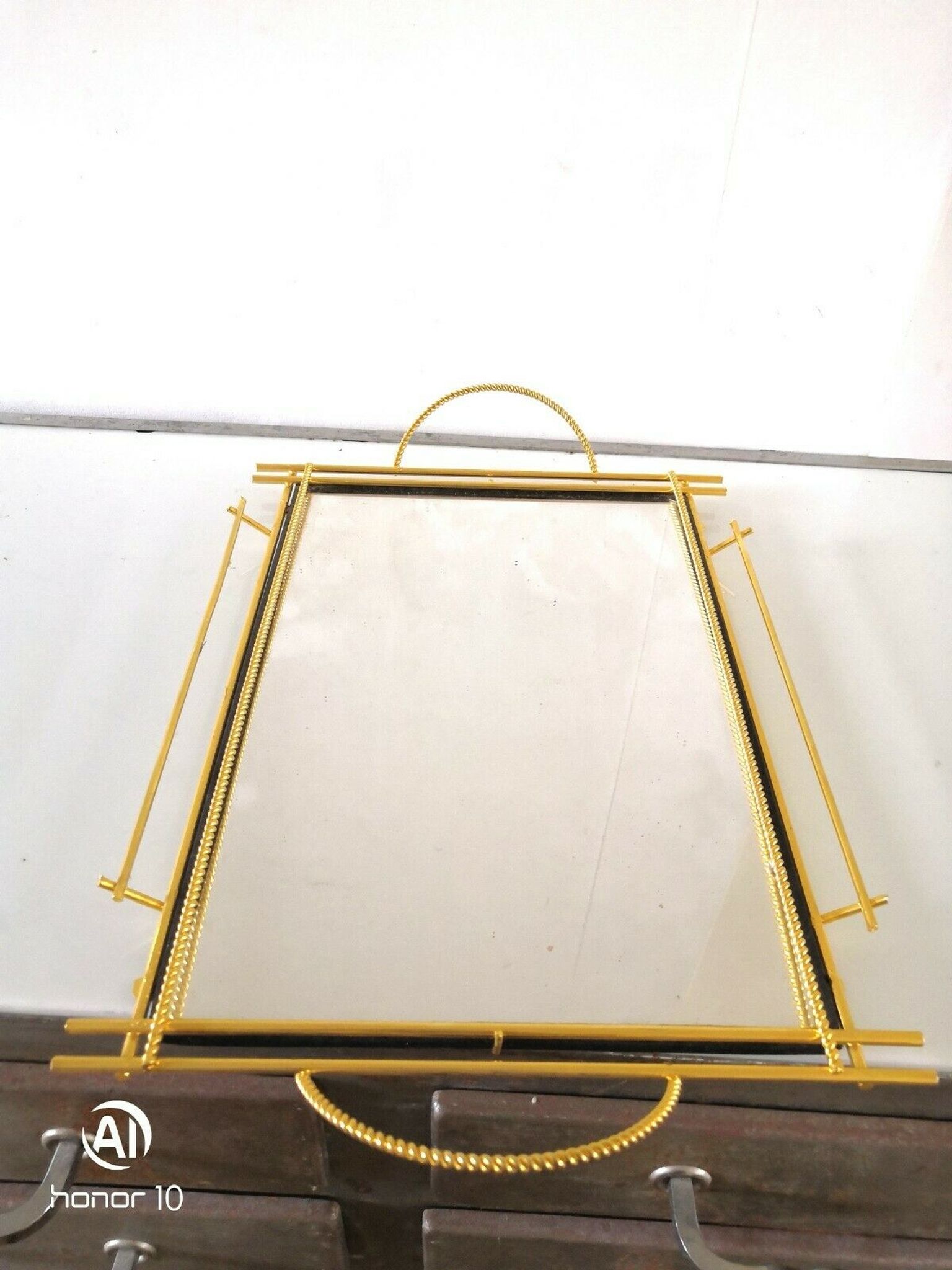 Plateau miroir acier doré design années 50-60