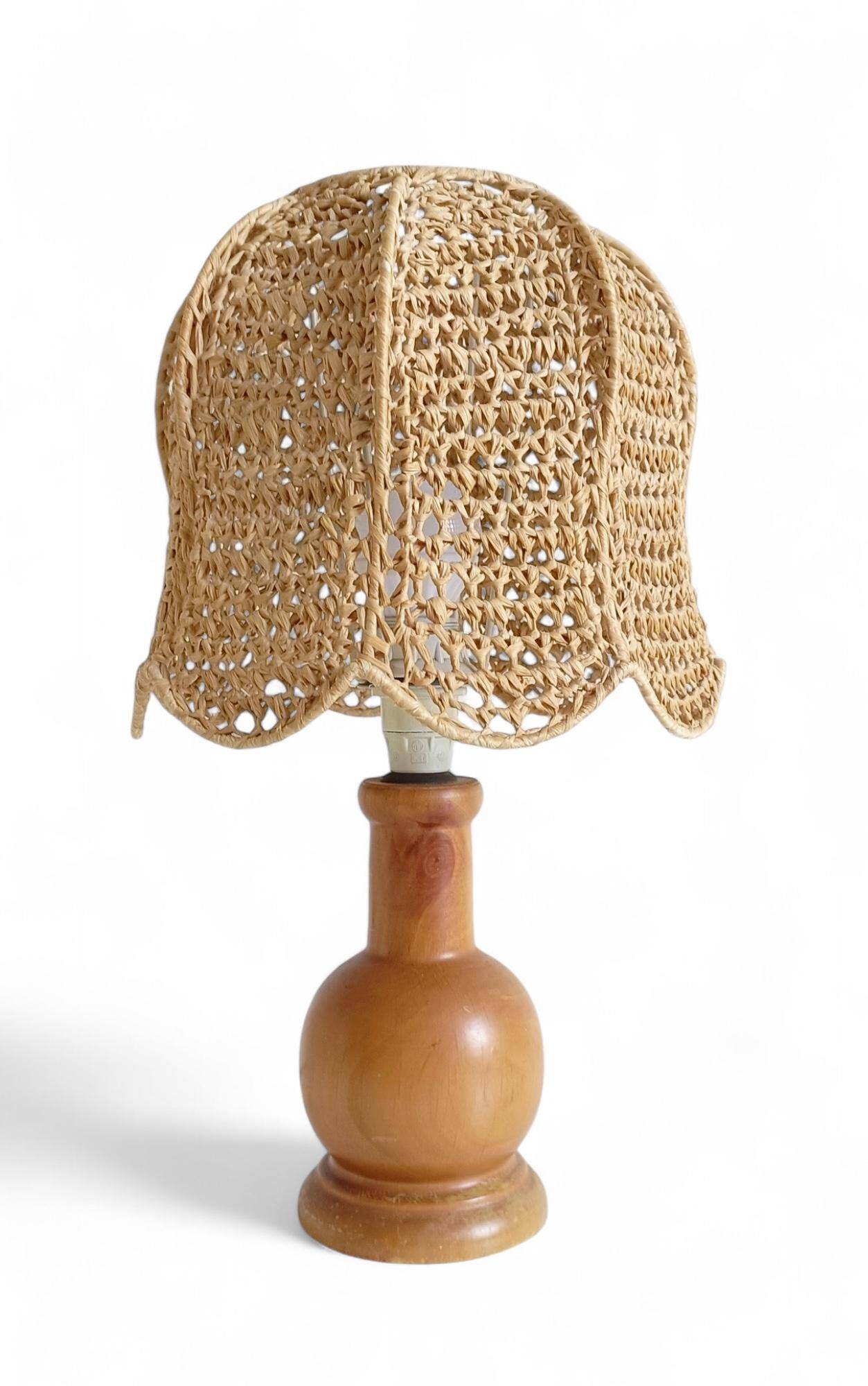 Mid-Century Bohemian Table Lamp, Pine Wood & Raffia, Italy, 1970s