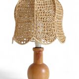 Mid-Century Bohemian Table Lamp, Pine Wood & Raffia, Italy, 1970s