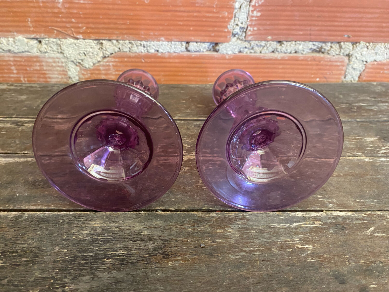 Pair of Antique CRISTAL D’ARQUES Candle Holders Moulded Purple Glass Vintage