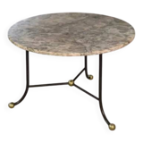 Marble side table with wrought iron base and brass balls in the style of Jean Royère, 1940s