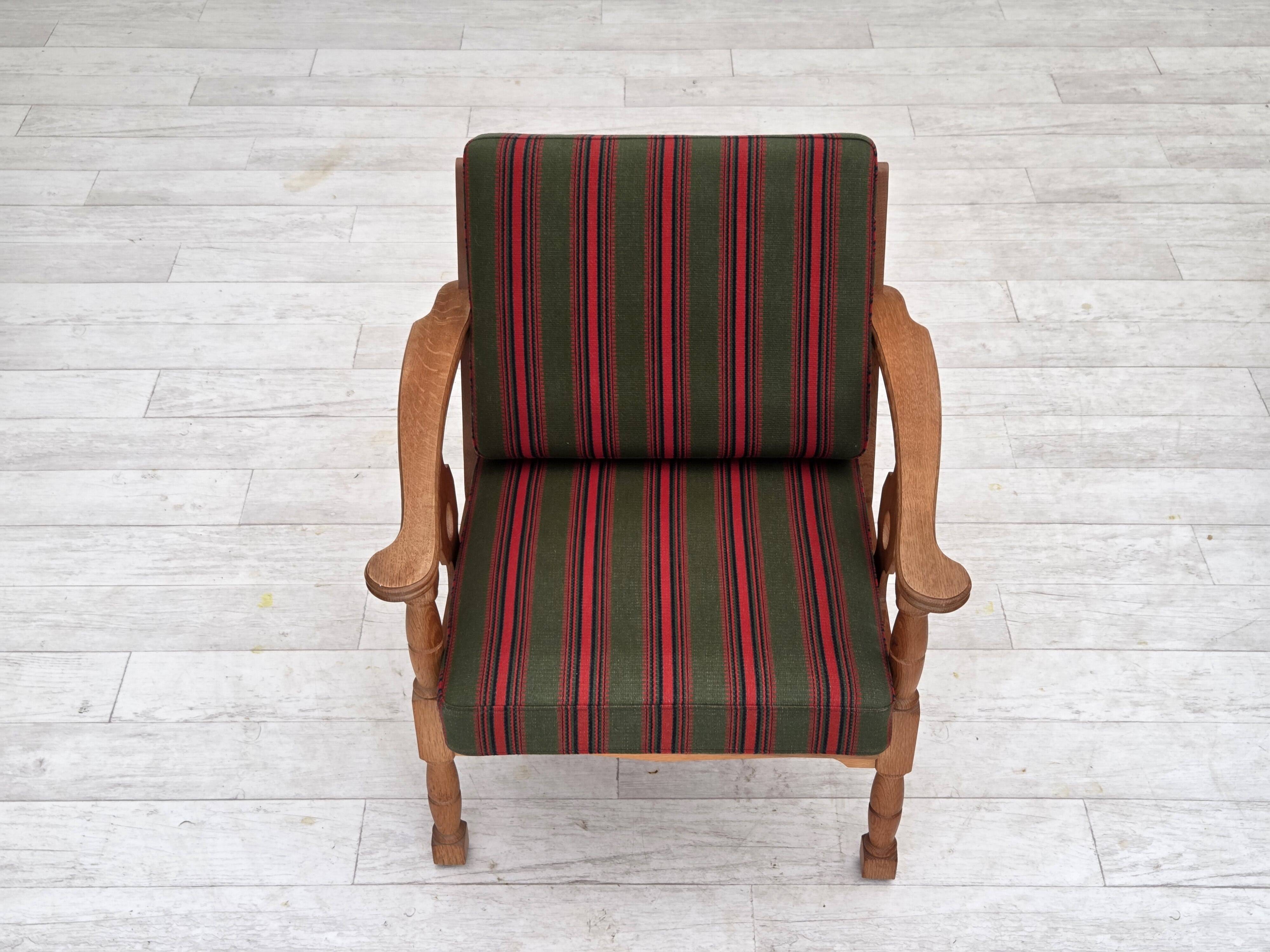 1970s, Danish armchair, green furniture wool, solid oak wood.