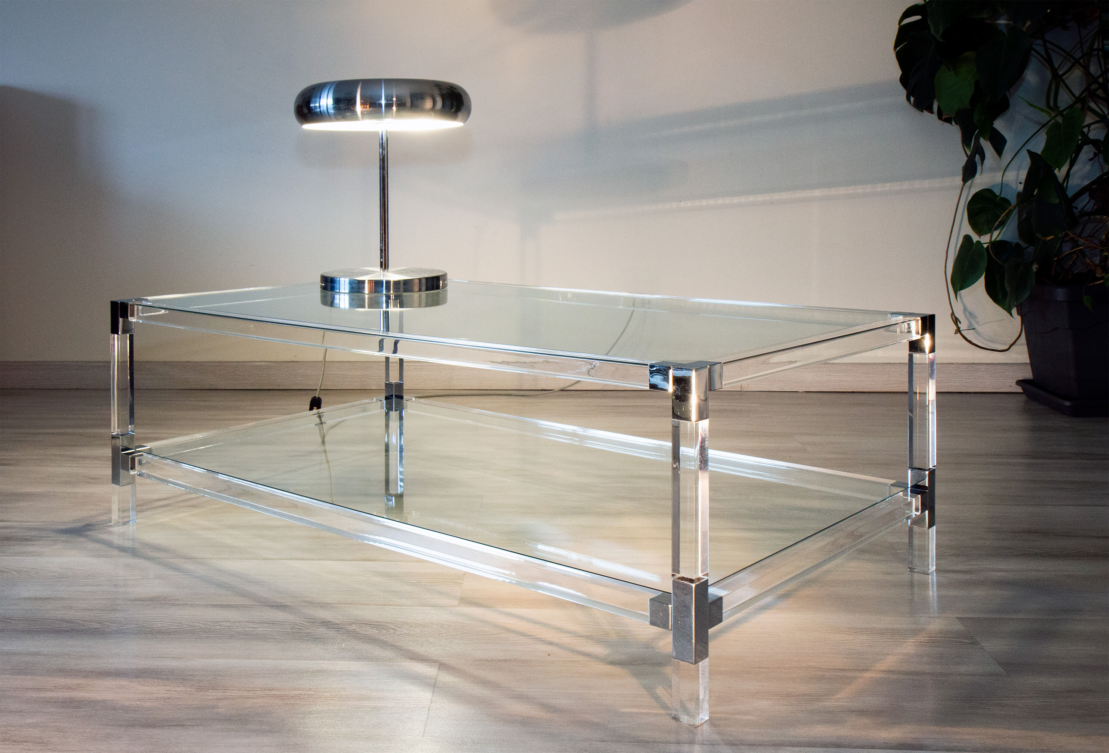 Glass and plexiglass coffee table, 1970-80