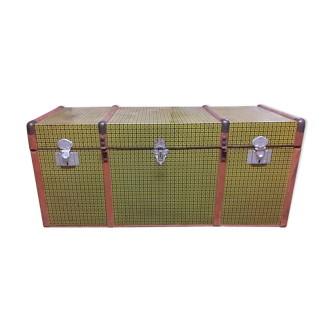 Old malle, metal and wood stripes, yellow with pattern, 30s - 40s