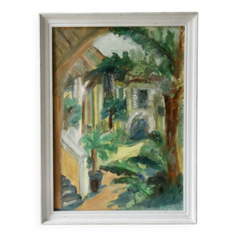 Painting, oil on canvas, garden, palm tree