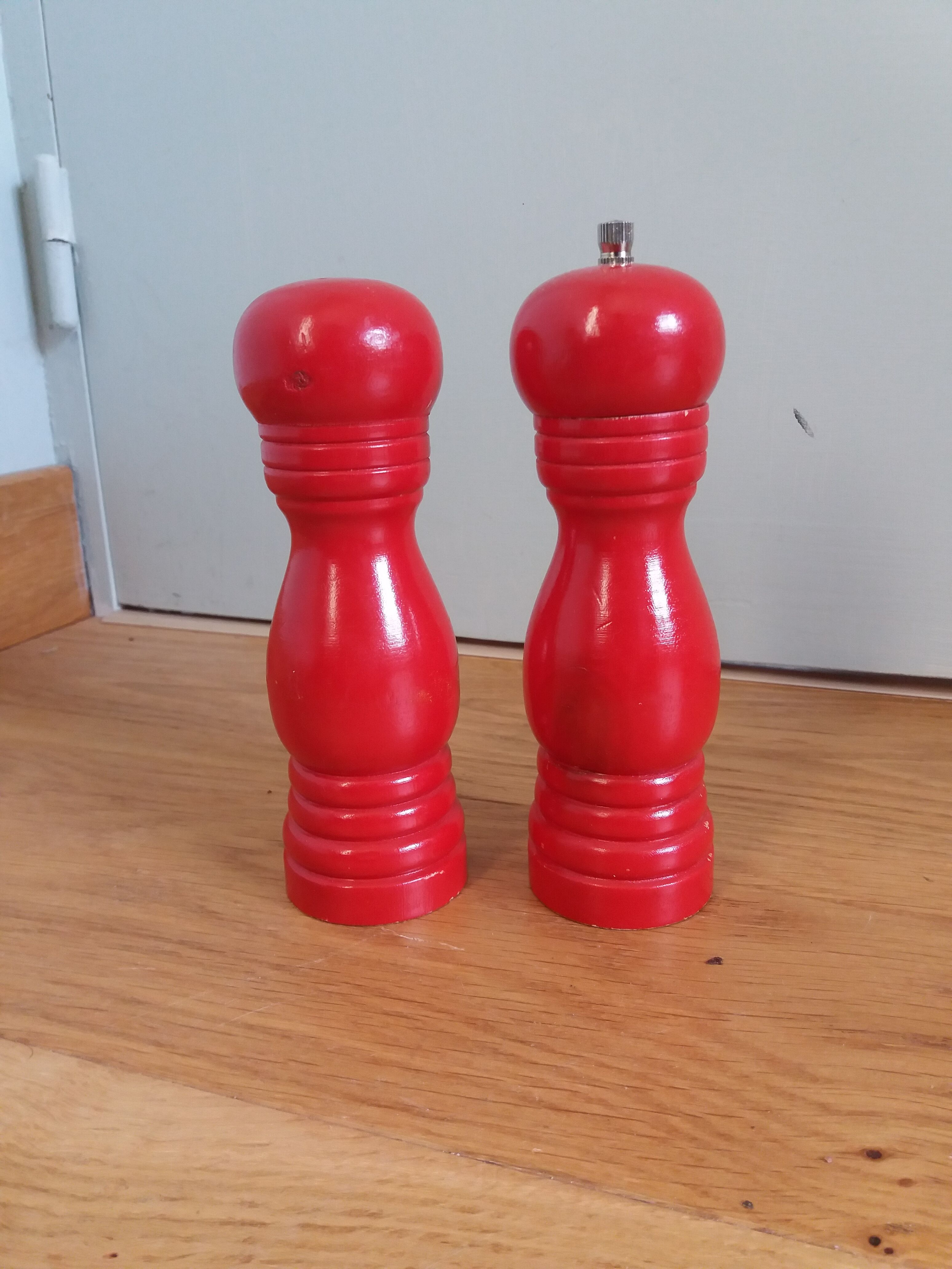 Pepper mill and turned wooden salt shaker