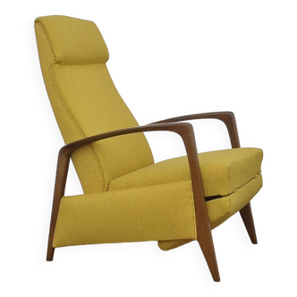 Yellow armchair with foldable footrest, 1960s