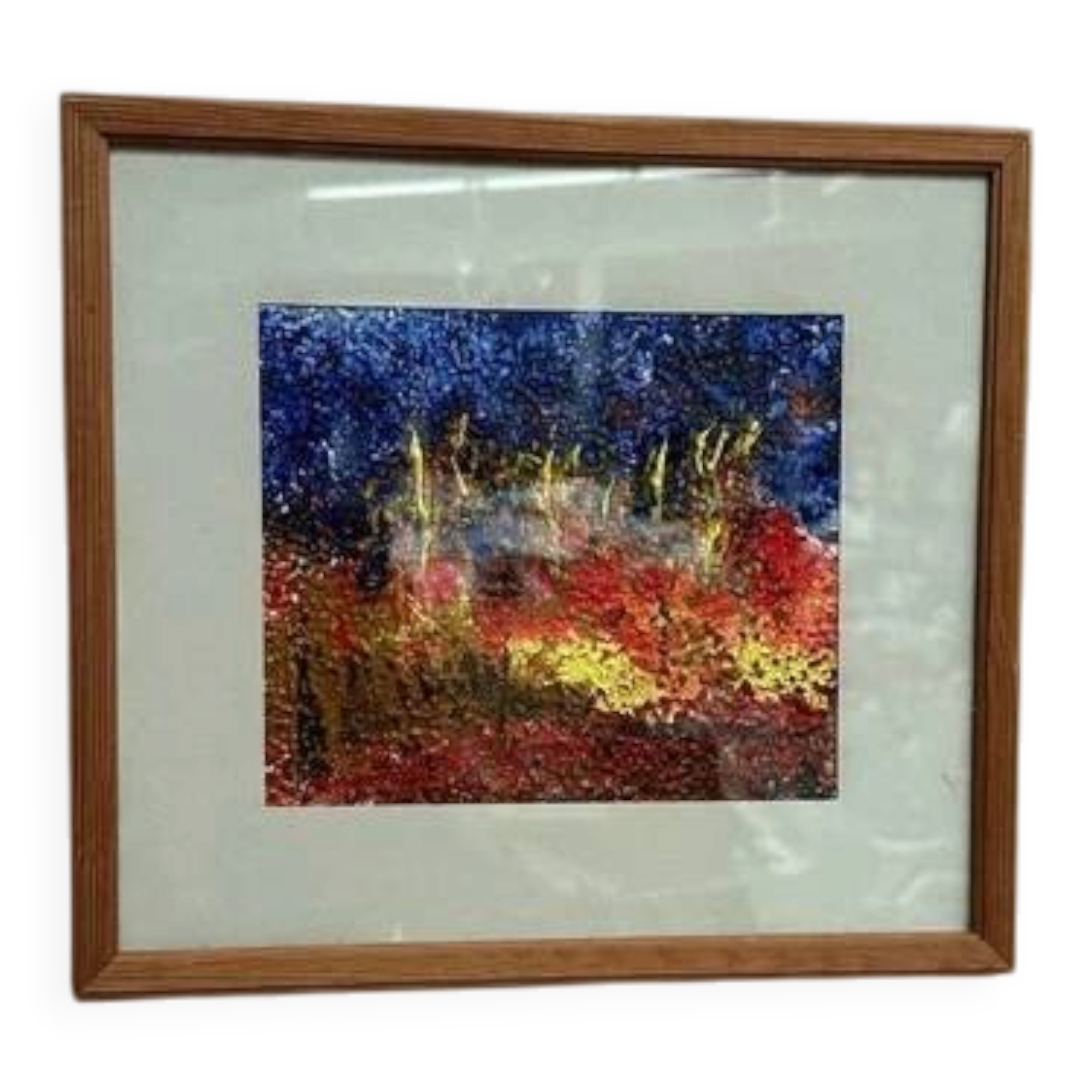 European vintage oil on canvas "Abstract" by unknown artist, glazed and framed 33×30cm