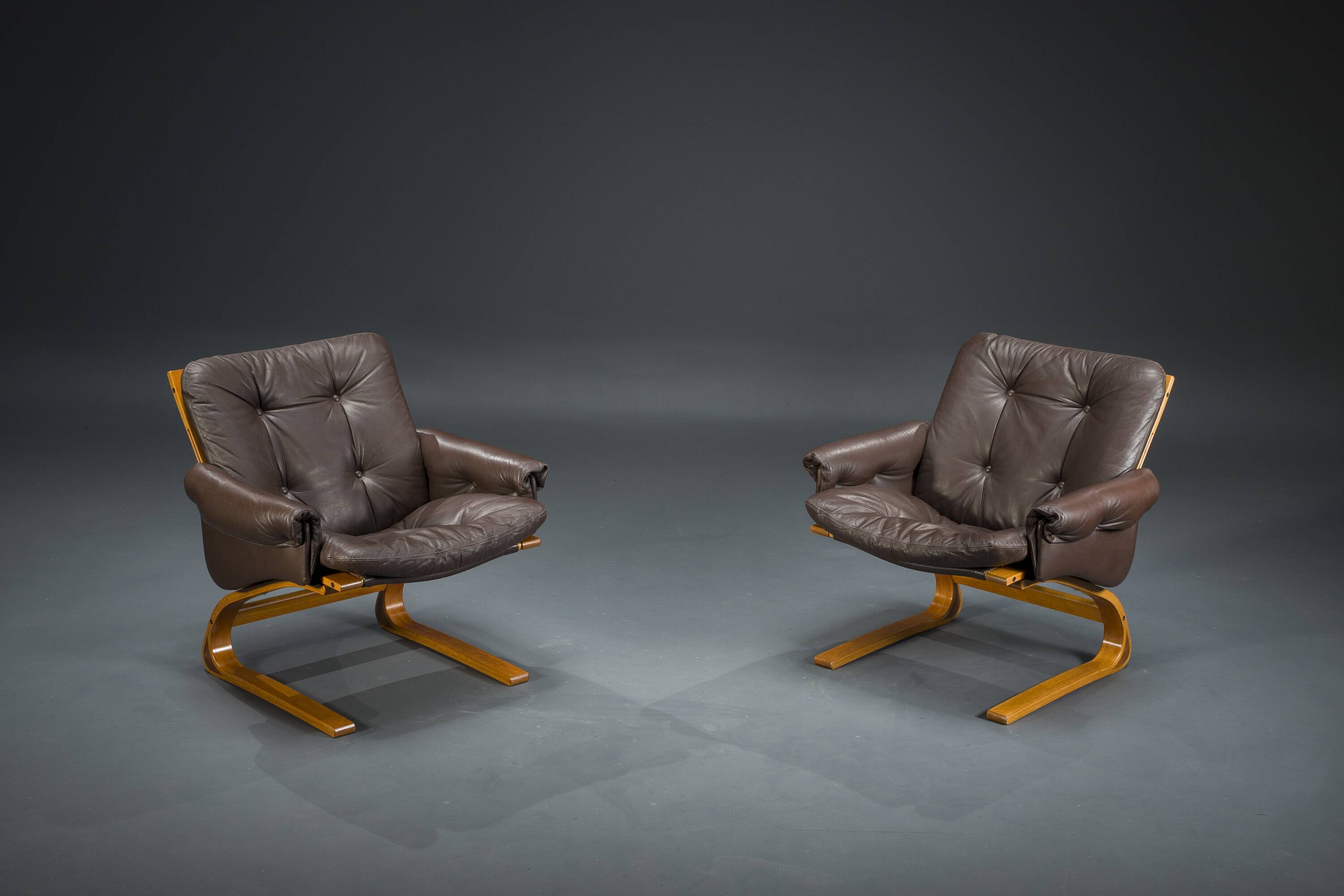 Brown Leather Armchairs by Elsa & Nordahl Solheim for Rybo Rykken & Co., 1970s, Set of 2