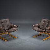 Brown Leather Armchairs by Elsa & Nordahl Solheim for Rybo Rykken & Co., 1970s, Set of 2