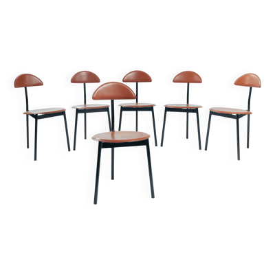 6 chaises trépied en cuir Linea Veam, Italie, années 1980