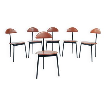 6 Linea Veam leather tripod chairs, Italy 1980s