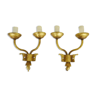 Pair of gilded metal sconces with 2 candles, 60s