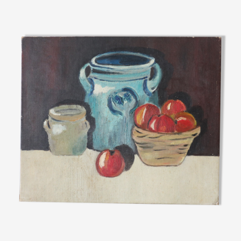Oil on panel sandstone pot and apples