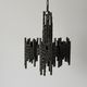 Three-armed suspended lamp in wrought iron, brutalist design, 1960s, Italy.