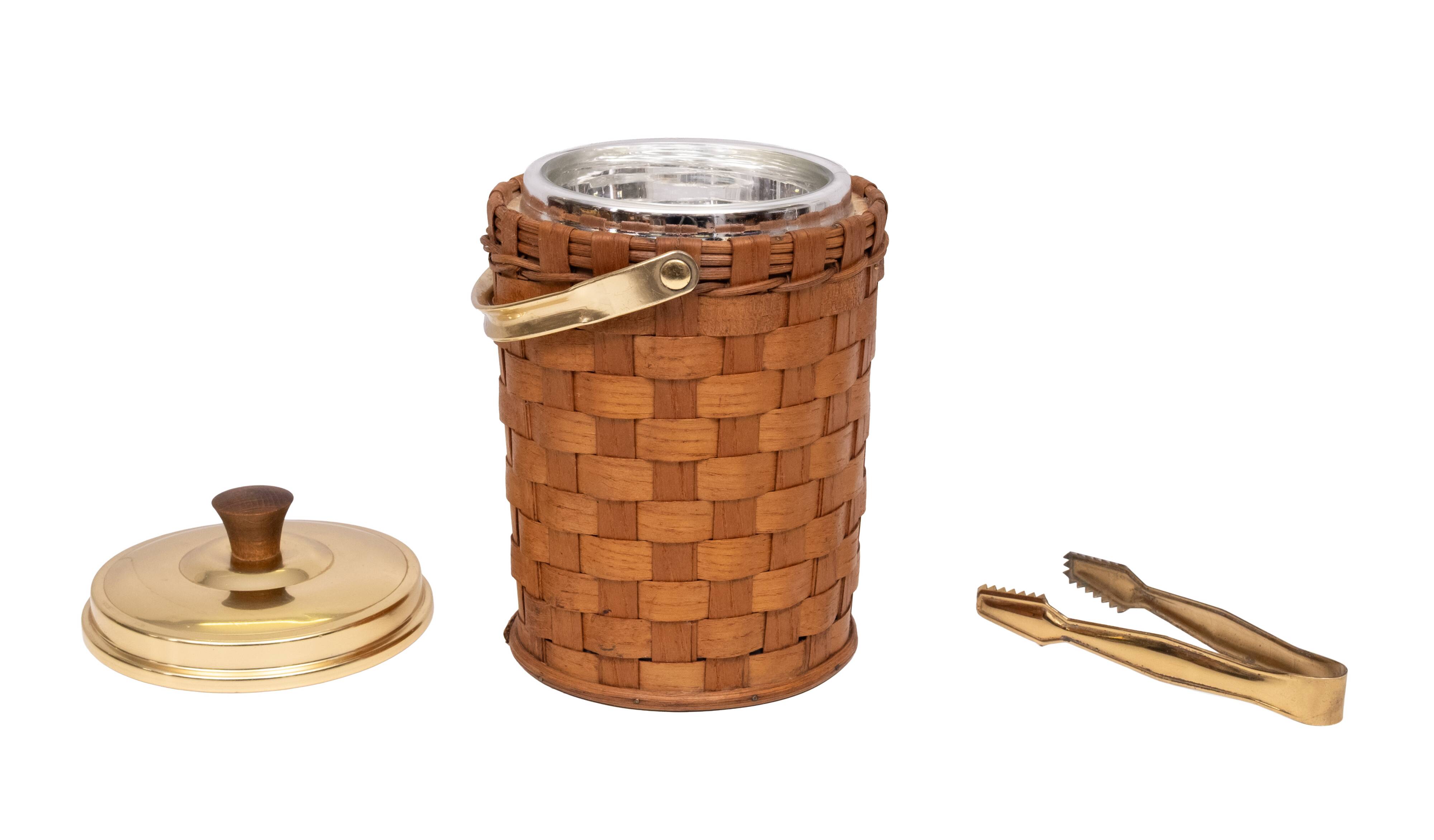 Wicker Ice bucket Brass lid and ice tongs 1960s