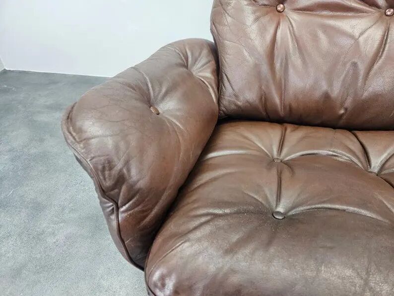 Midcentury Swivel Leather and Wood Armchair Göte Möbler Nässjö, Sweden, 1960s