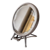 Vintage Adjustable Beveled Round Mirror and Magnifying in Metal Frame for Table or Wall.