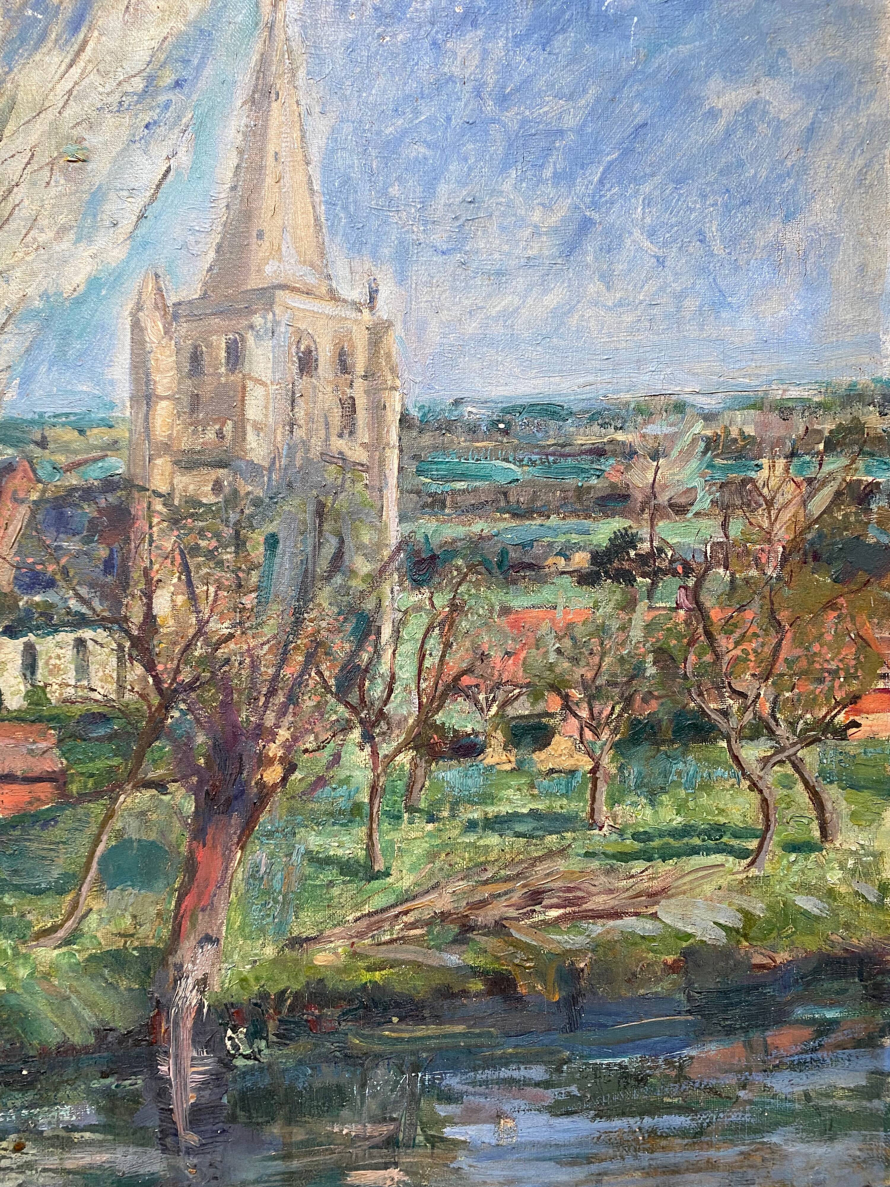 Painting "river and village" by Jacquelin Gaeremynck school of Leers