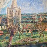 Painting "river and village" by Jacquelin Gaeremynck school of Leers